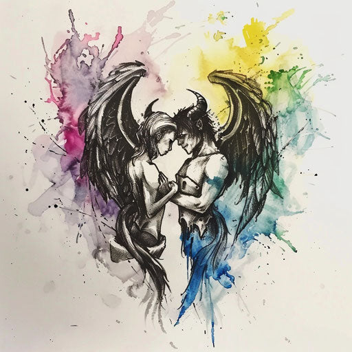 Artistic flat tattoo sketch of an angel and demon with intertwined wings, watercolor splashes