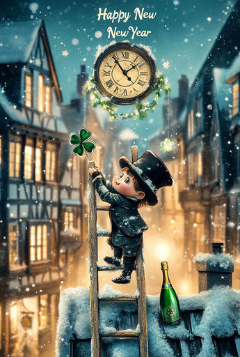 Cute boy climbing clock tower on snowy rooftop