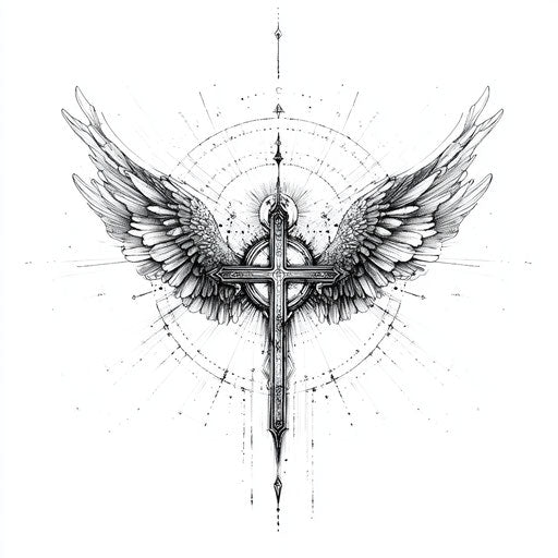 cross and angel wings in flat tattoo style