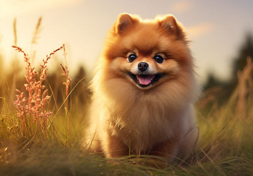 Small pomeranian dog sitting in the grass