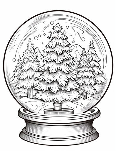Coloring page of a Christmas tree in a small snowglobe, in the style of heavy texture