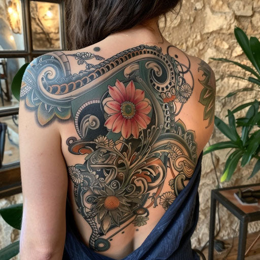 Biomechanical tattoo with floral designs