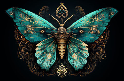 Colorful gothic-style tattoo of moth with skull motifs, Indonesian art