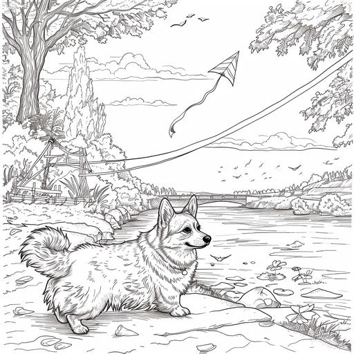 Corgi flying a kite in the park