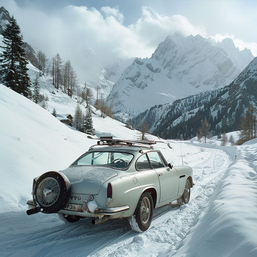 Winter wonder: a 1966 Volvo P1800 with ski racks, navigating through a snowy mountain pass
