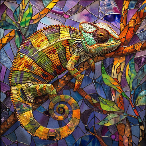Chameleon in a stained glass, body mimicking patterns & colors
