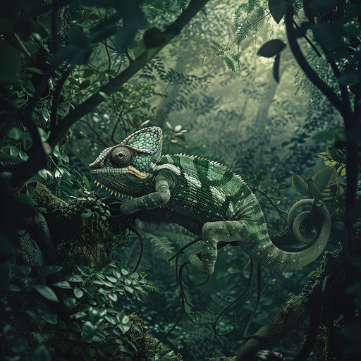 Chameleon catching insects in a dense forest