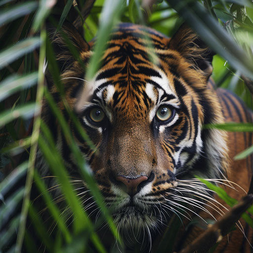 Sumatran tiger camouflaged in underbrush, piercing gaze