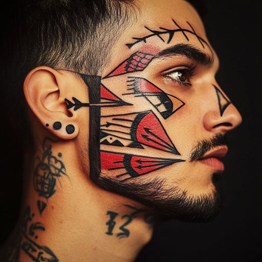 Men's facial tattoos with a bold arrow design