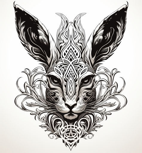 Drawing of a Celtic design with an animal head, bunnycore style