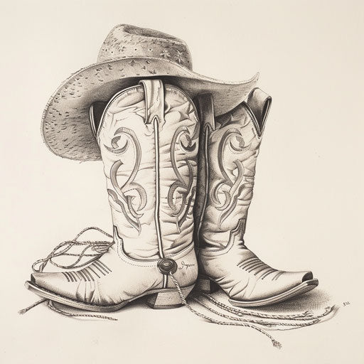 Sketch of a cowboy boots and hat tattoo, rustic American West theme, on a plain white canvas.