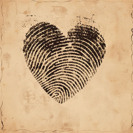 Vintage fingerprint heart tattoo on aged paper