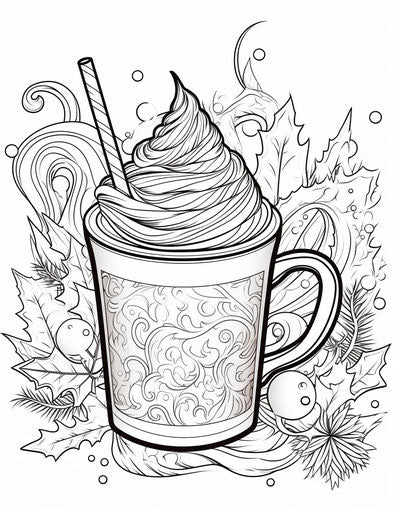 Coloring page with a cup of hot chocolate and a straw