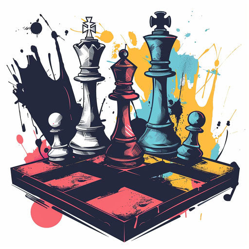 Chessboard and pieces tattoo sketch in flat clipart style