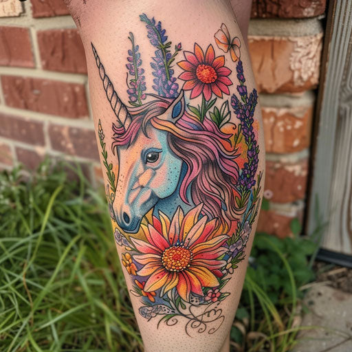 Wildflower tattoo with unicorn, bright colors, mythical theme, detailed design