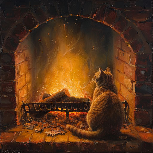 Brown cat in front of a fire in a fireplace