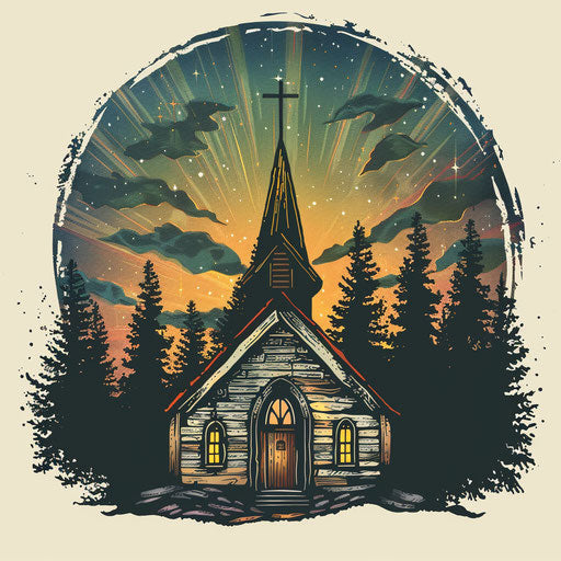 Hand-drawn church logo with rustic background and artistic elements