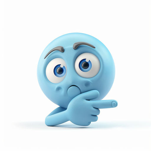 Blue emoji with a thoughtful expression, pointing to itself