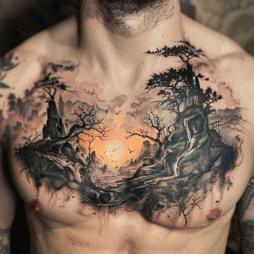 Men's chest tattoo depicting a surreal fantasy landscape