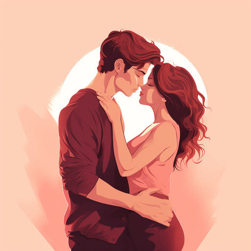 Cartoon couple kissing, light red and light maroon