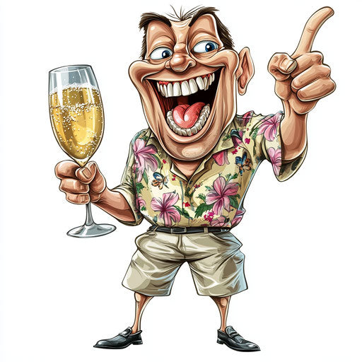 Humorous caricature of a champagne caricature clipart with exaggerated big teeth, short legs, floral patterns, vibrant colors, cartoon style, pointing, high-resolution, no background, isolated –c 40
