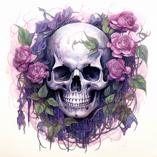 Skull with roses and eyes, botanical watercolor style