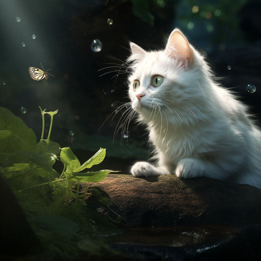 White cat staring at an insect