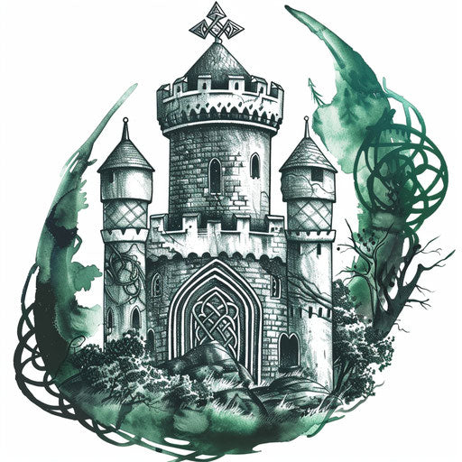 Ancient Irish round tower tattoo with detailed Celtic art