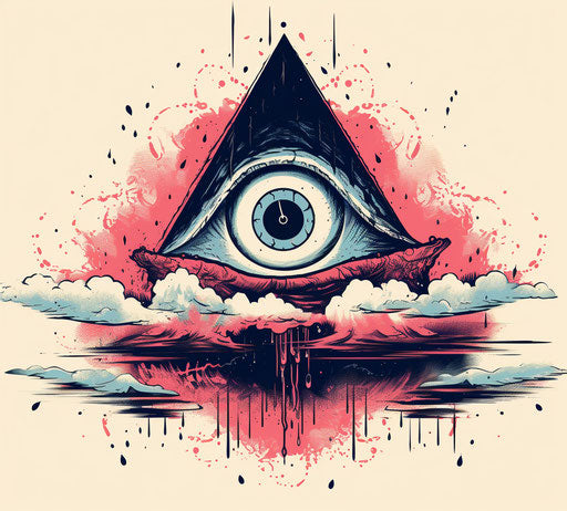 Eye on a cloud with a lightning bolt, fine line style