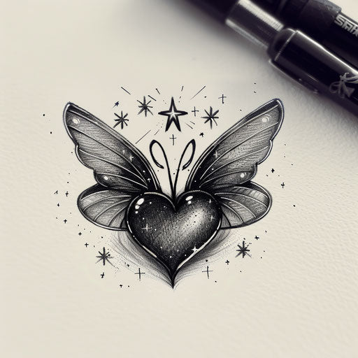 Black heart with fairy wings and sparkling stars
