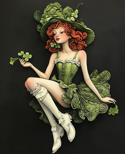 Green fairy with red hair holding clover leaves, sitting against black background