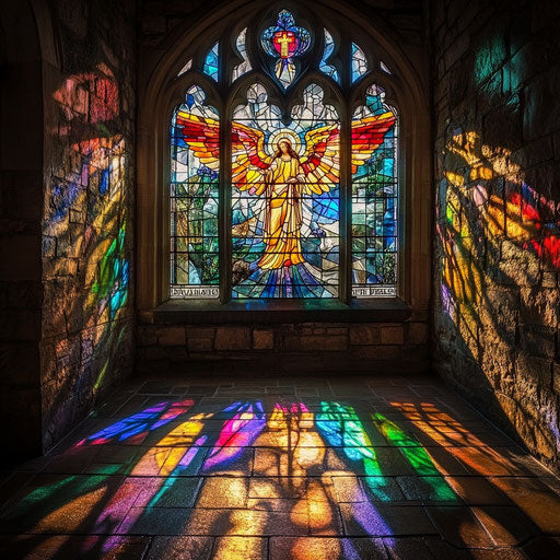 Heralding angel stained glass in vibrant church light