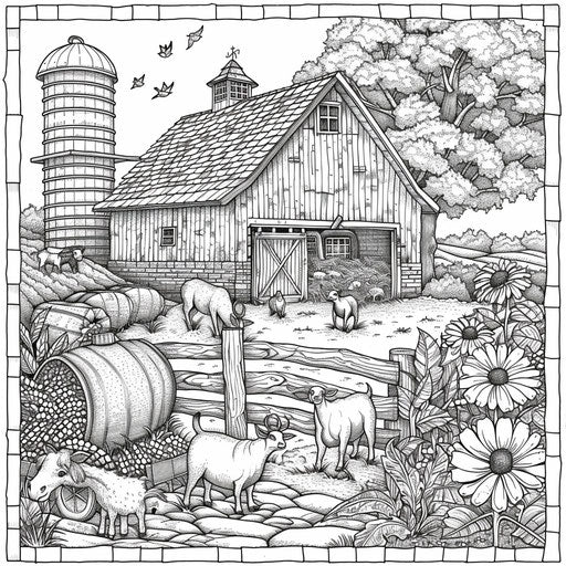 Detailed red barn with silo and farm animals, coloring page