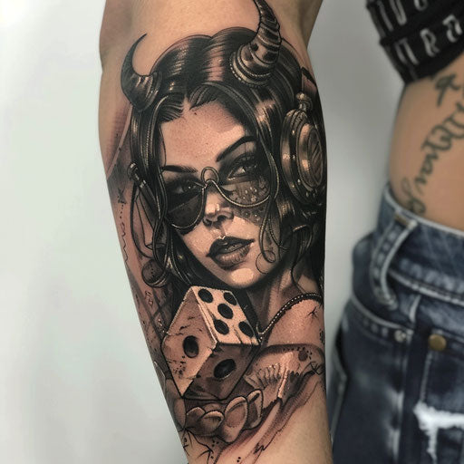 Dark surrealism dice tattoo