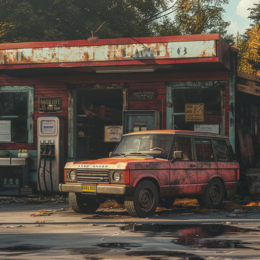 Old Range Rover with patina in front of vintage gas station