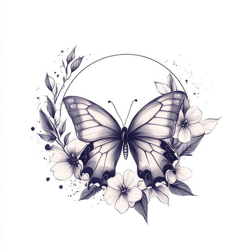 Butterfly and floral wreath in watercolor style
