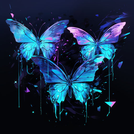 Watercolor butterflies on black, glitchy machine style, dark purple and light cyan, emotive distortions, mingei, stencil imagery, bunnycore