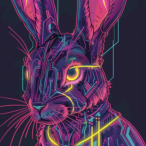 Futuristic flat tattoo sketch of a bunny with neon lines and cyberpunk elements