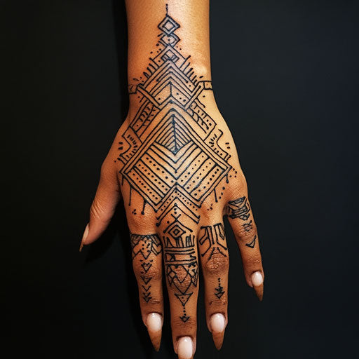 Henna hand tattoo with sharp tribal lines and abstract shapes