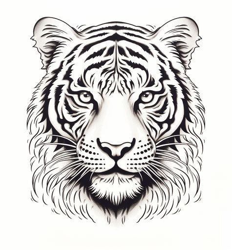 Black and white illustration of a tiger head, screen printing style