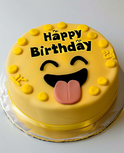 Emoji cake with happy birthday in yellow on top