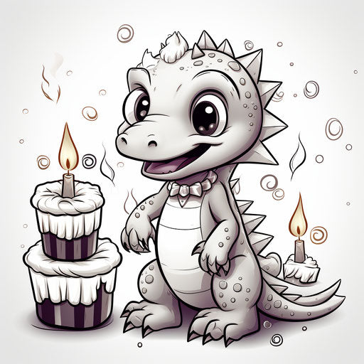 The cute birthday dinosaur has a cake with candles and presents coloring pages photograph 4