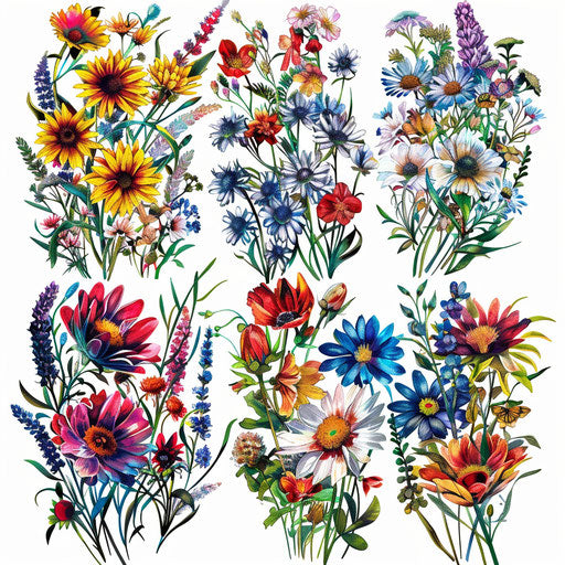 Collection of wildflower tattoos in vibrant stained glass