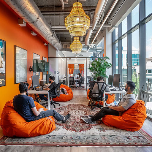 Dynamic tech company office with devs and modern decor