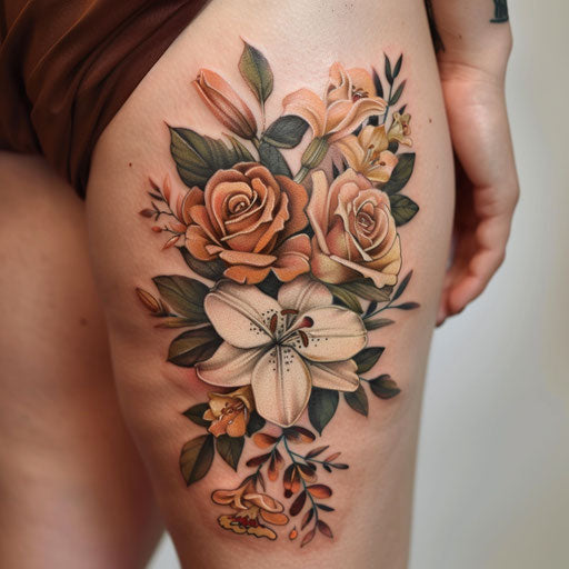 Realistic floral tattoo with roses and lilies