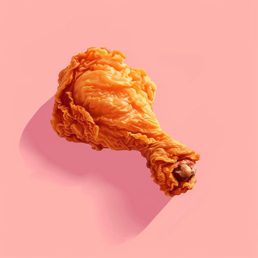 Fried chicken clipart in photo realistic style with a flat random background, minimalist design and subtle shading