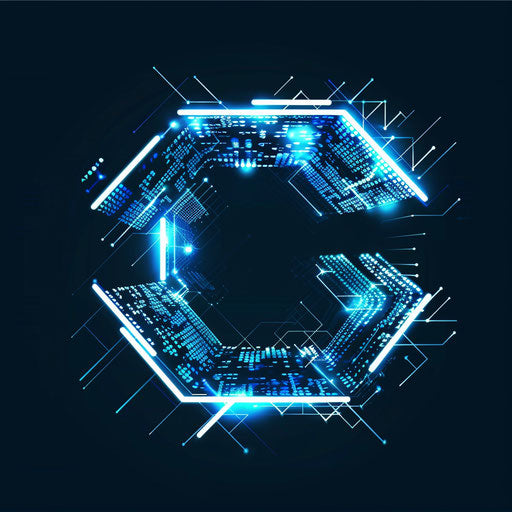 Company logo with digital elements and bright blue colors