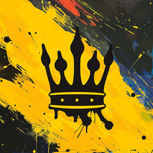 Crown logo in black and yellow with a vibrant background