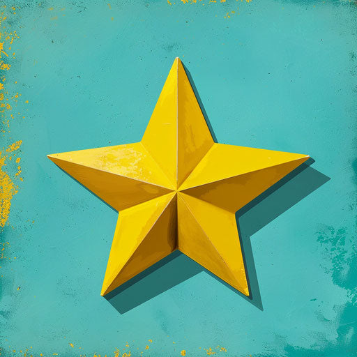 Yellow star on turquoise background, realistic style, bold outlines, matte finish