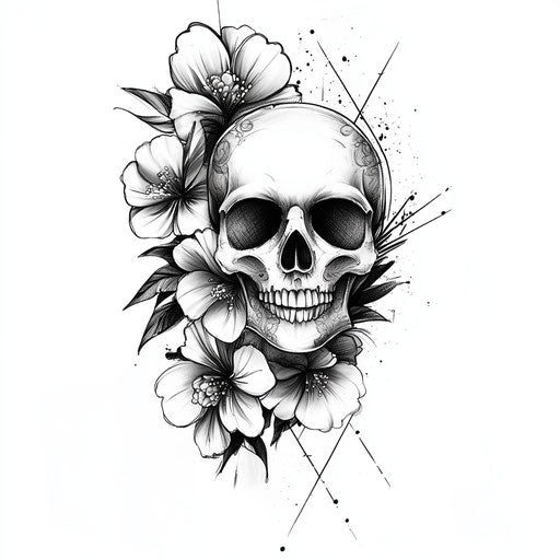 Stylized skull tattoo sketch with flowers for cool forearm